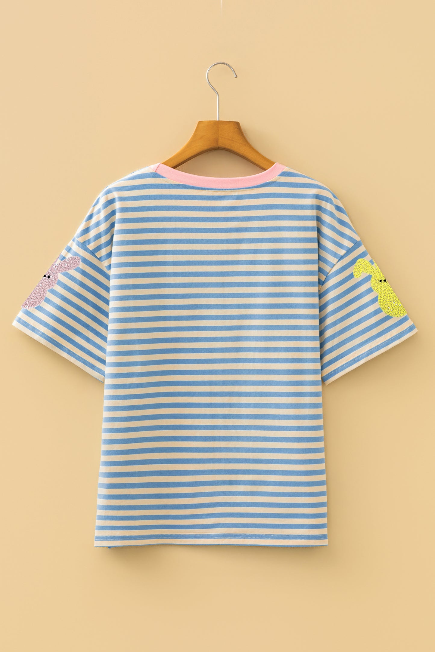Parker & Jo™ Stripe Sequin Easter Bunny Patched Drop Shoulder Tee