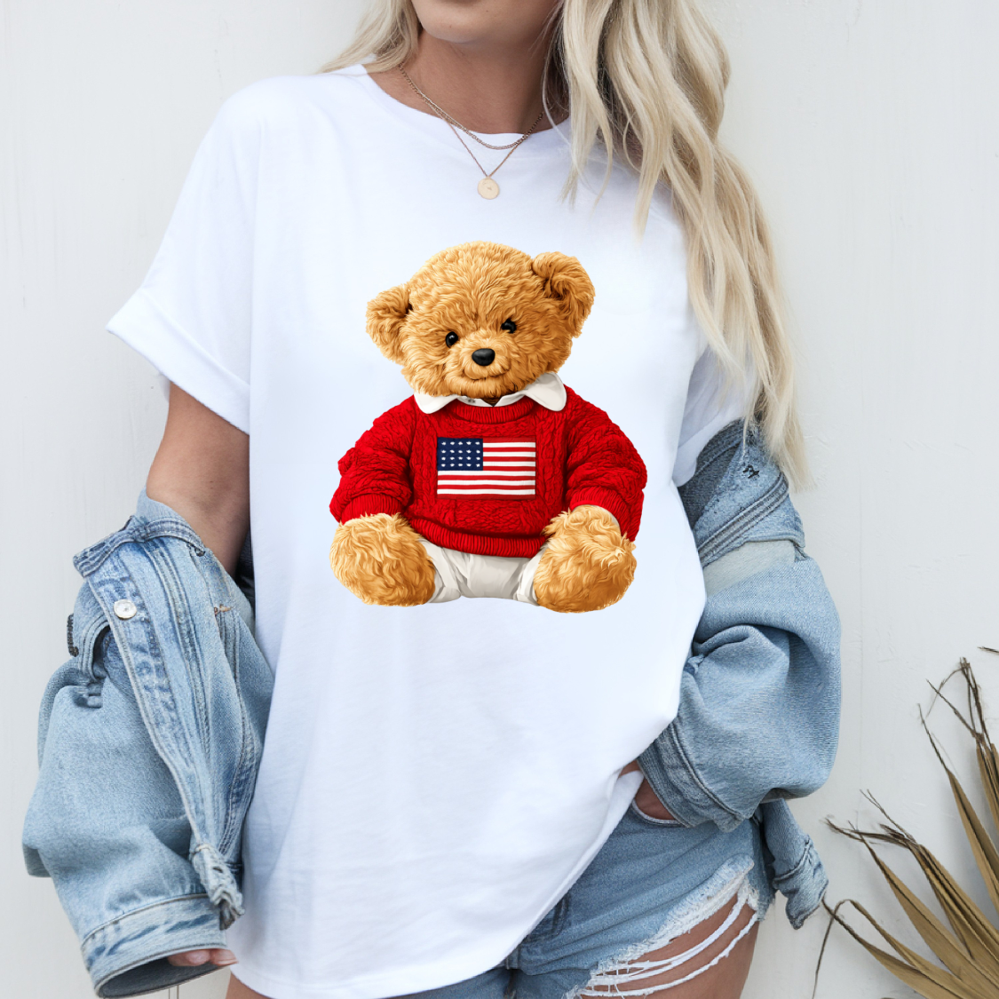 Parker & Jo™ Original Design | American Flag Red Sweater Teddy Bear Graphic Tee