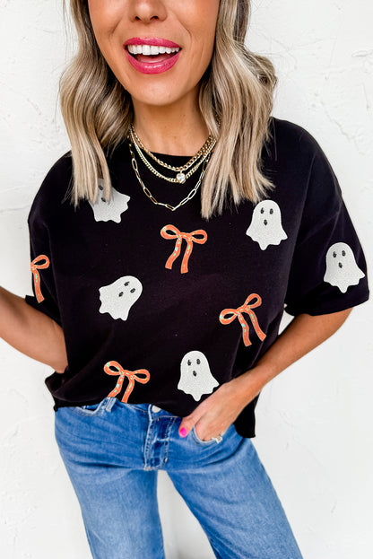 Parker & Jo™ Black Ghost Bow Sequin Halloween Tee