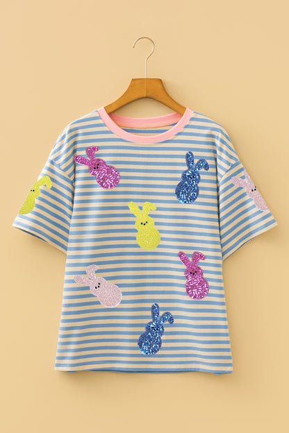 Parker & Jo™ Stripe Sequin Easter Bunny Patched Drop Shoulder Tee
