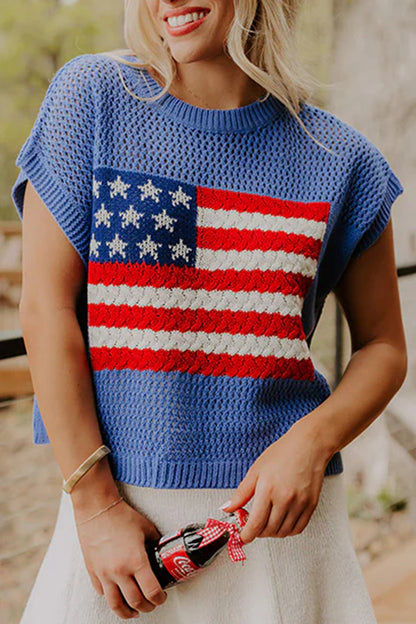 Parker & Jo™ Blue Flag Short Sleeve Sweater Top