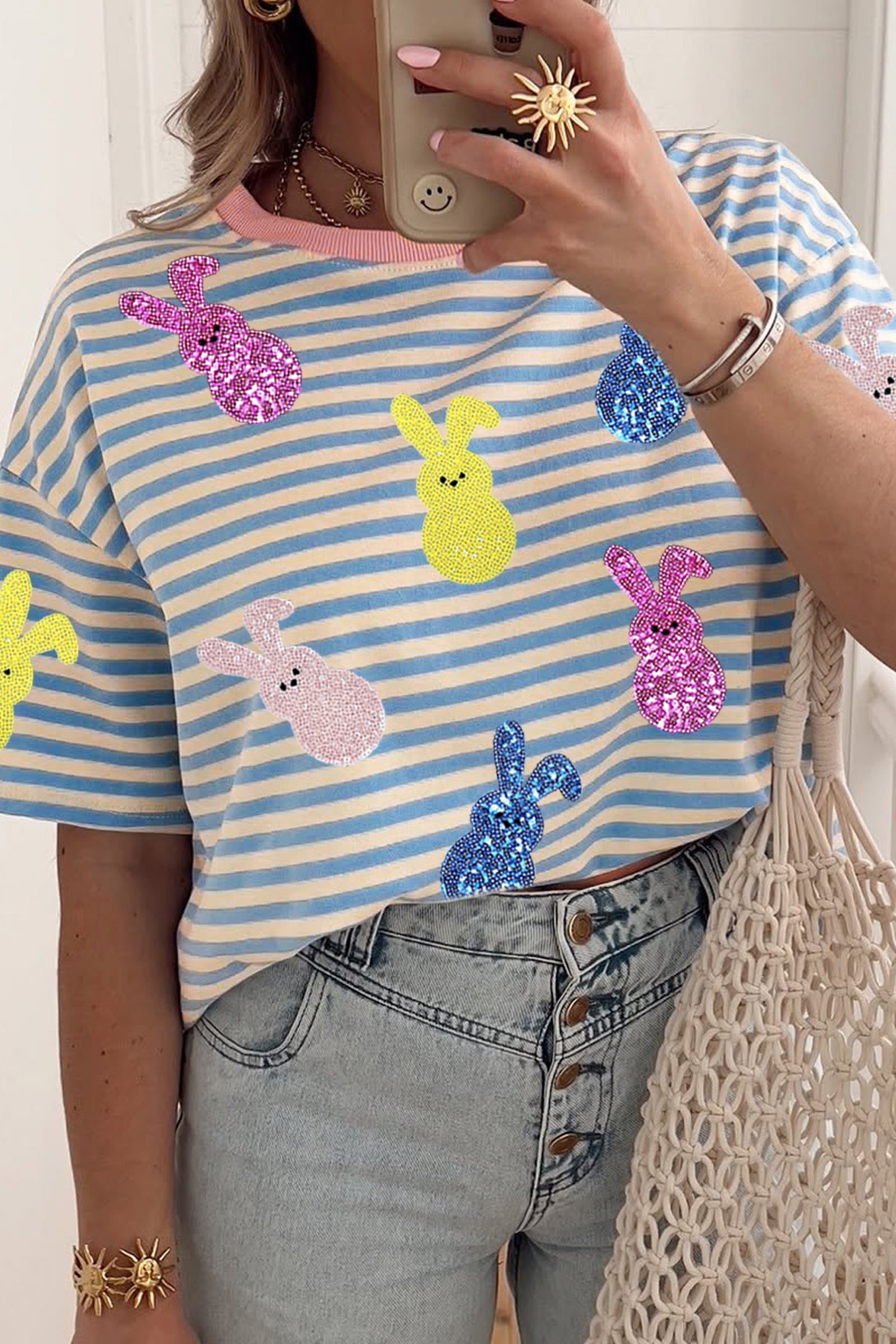 Parker & Jo™ Stripe Sequin Easter Bunny Patched Drop Shoulder Tee