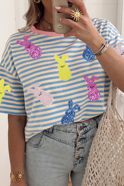 Parker & Jo™ Stripe Sequin Easter Bunny Patched Drop Shoulder Tee