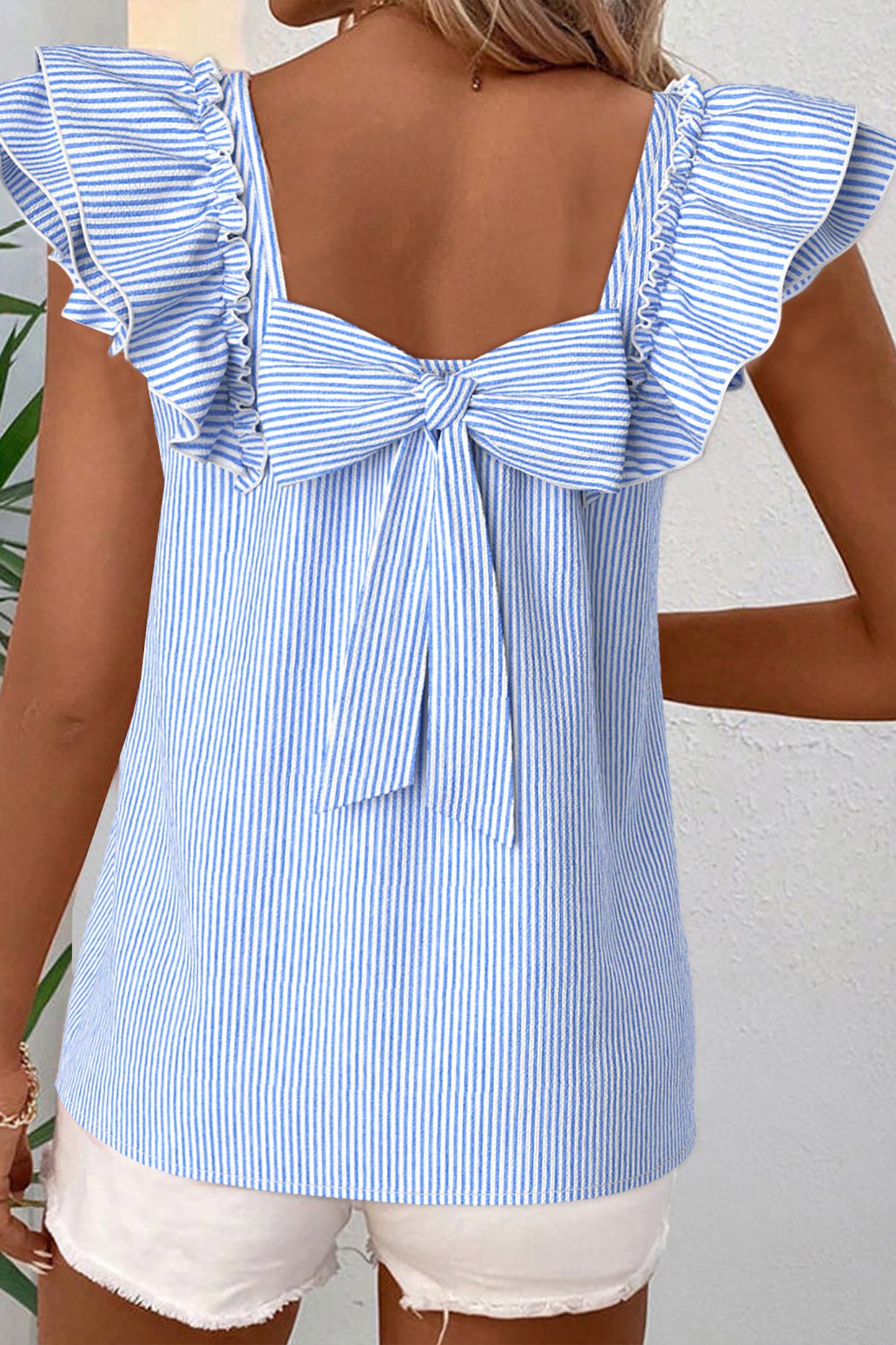 Parker & Jo™ Sky Blue Stripe Bow Ruffled Short Sleeve Blouse