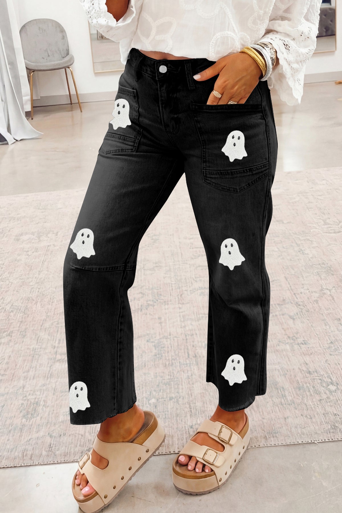 Parker & Jo™ Black Ghost Patched Raw Hem Jeans