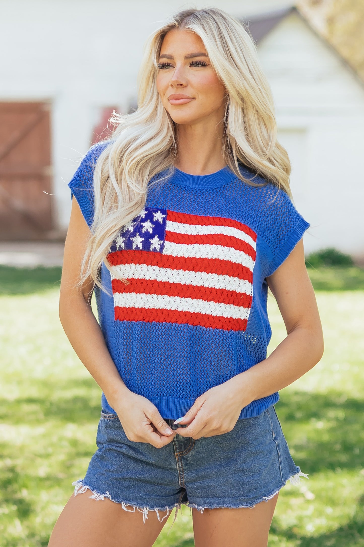 Parker & Jo™ Blue Flag Short Sleeve Sweater Top
