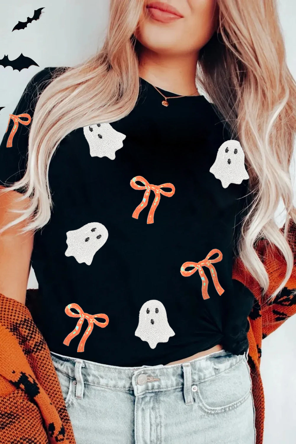 Parker & Jo™ Black Ghost Bow Sequin Halloween Tee