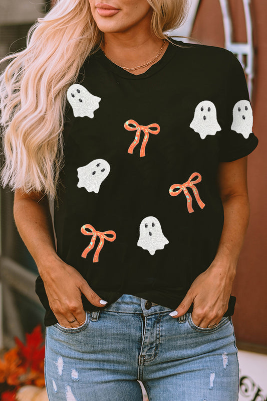 Parker & Jo™ Black Ghost Bow Sequin Halloween Tee