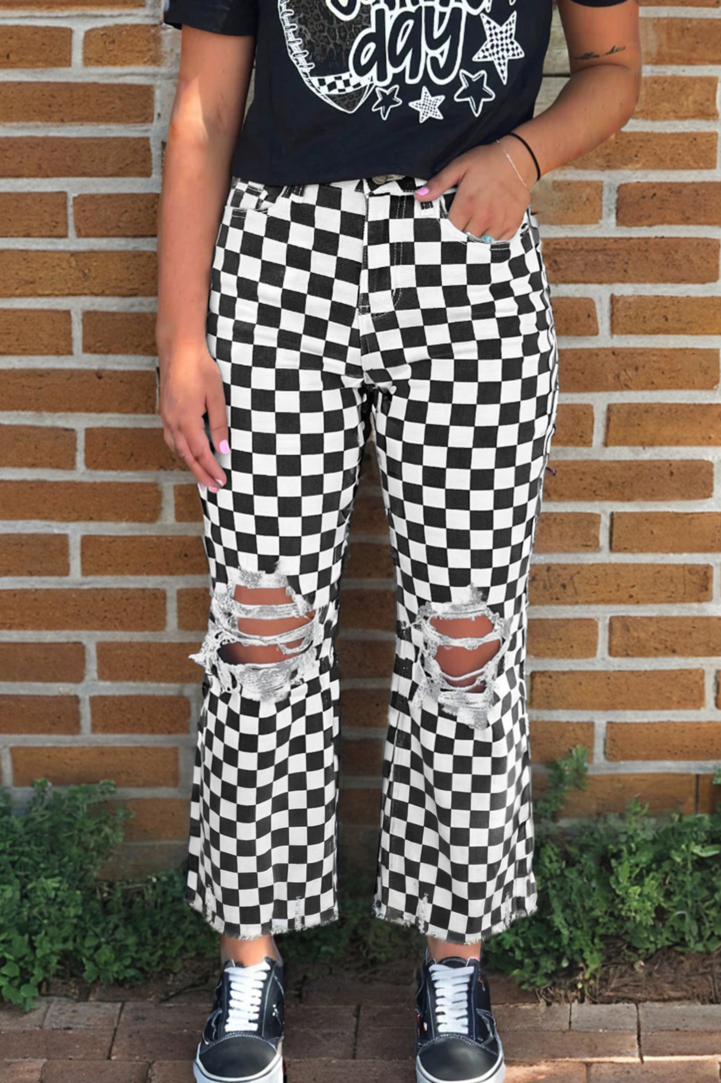 Parker & Jo™ Black Checkerboard Distressed Cropped Jeans