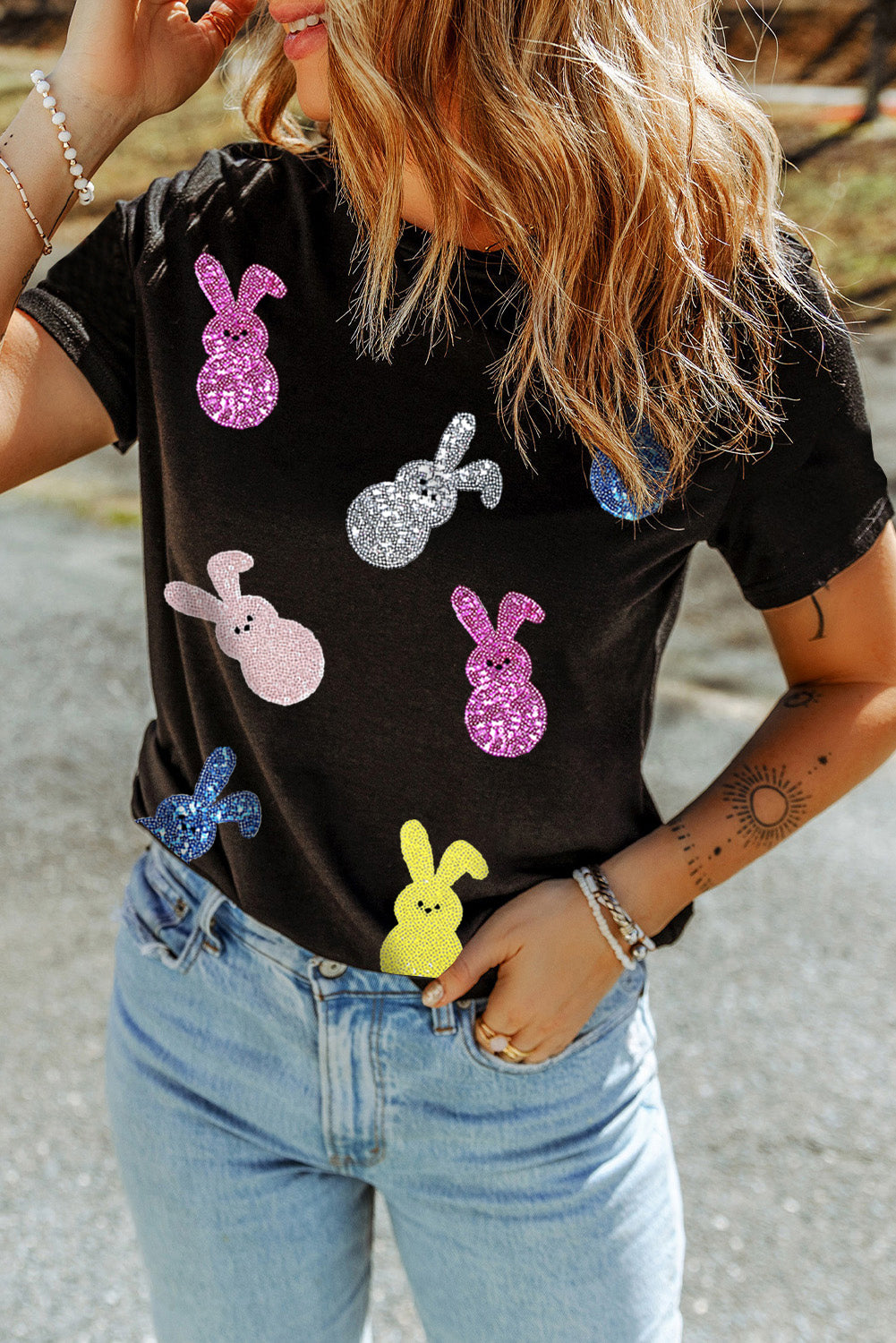 Parker & Jo™ Black Sequin Easter Bunny Tee
