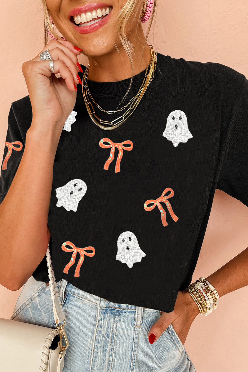 Parker & Jo™ Black Ghost Bow Sequin Halloween Tee