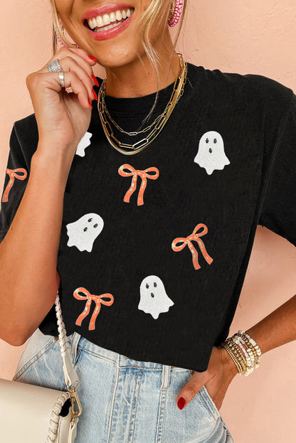 Parker & Jo™ Black Ghost Bow Sequin Halloween Tee