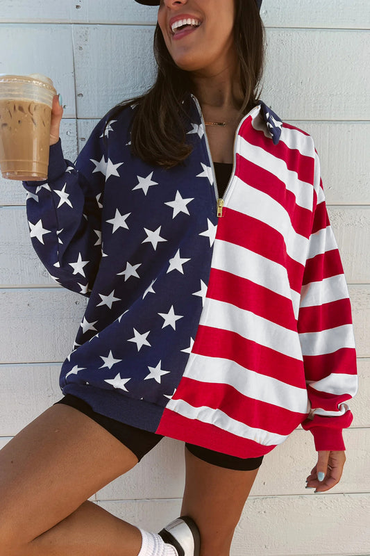 Parker & Jo™  American Flag Zipped Collar Oversized Sweatshirt