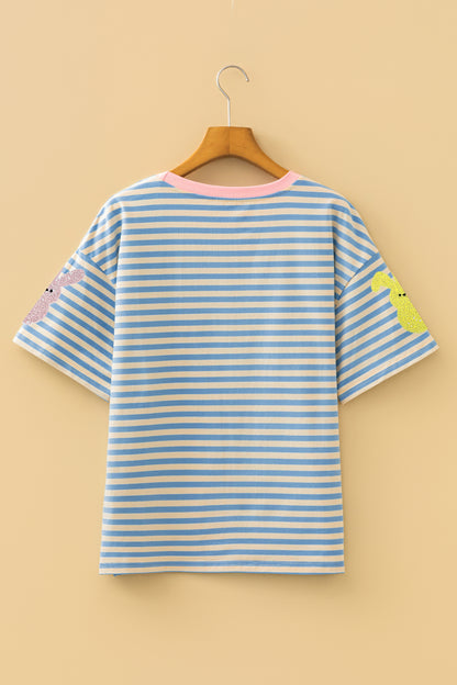 Parker & Jo™ Stripe Sequin Easter Bunny Patched Drop Shoulder Tee
