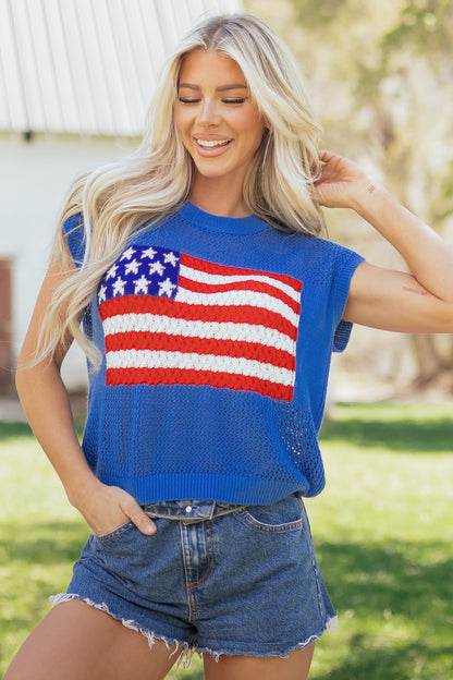 Parker & Jo™ Blue Flag Short Sleeve Sweater Top