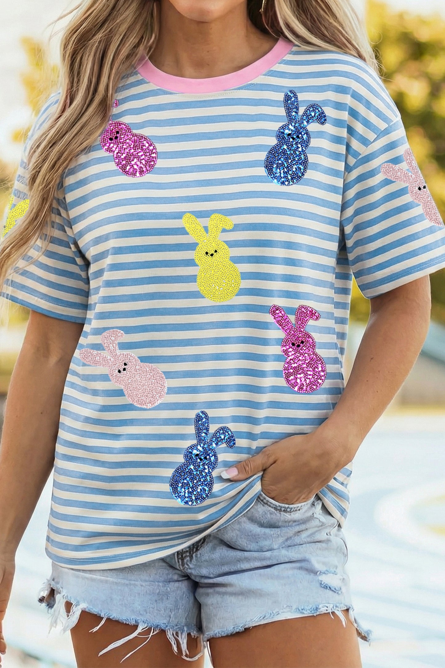 Parker & Jo™ Stripe Sequin Easter Bunny Patched Drop Shoulder Tee