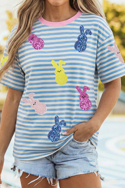Parker & Jo™ Stripe Sequin Easter Bunny Patched Drop Shoulder Tee