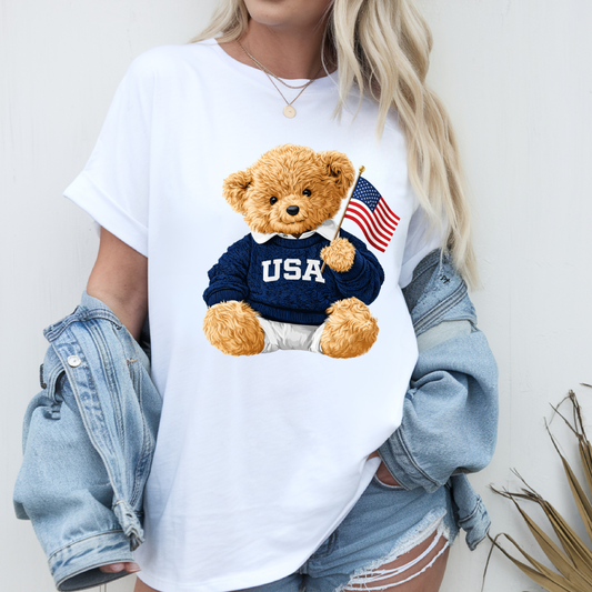 Parker & Jo™ Original Design | American Flag Sweater Teddy Bear Graphic Tee