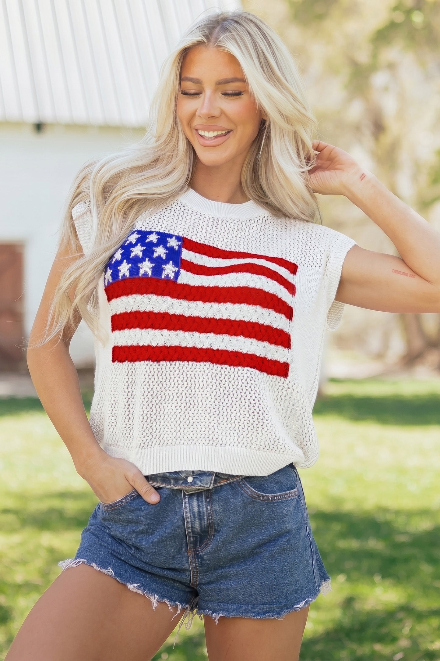 Parker & Jo™ White Flag Short Sleeve Sweater Top