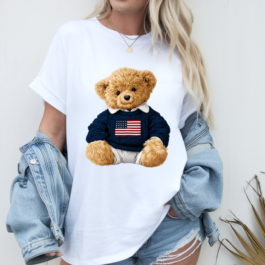 Parker & Jo™ Original Design | American Flag Blue Sweater Teddy Bear Graphic Tee