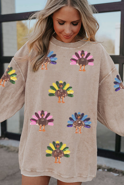 Parker & Jo™ Turkey Sequin Corded Oversized Long Sleeve Tee