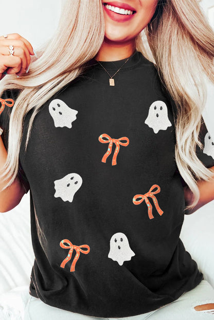 Parker & Jo™ Black Ghost Bow Sequin Halloween Tee