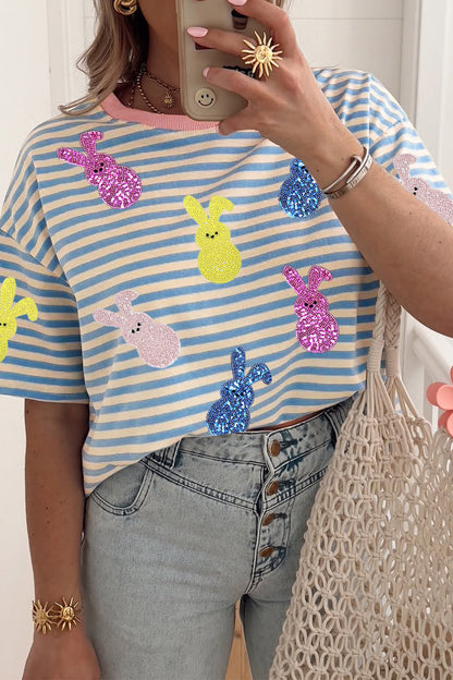 Parker & Jo™ Stripe Sequin Easter Bunny Patched Drop Shoulder Tee