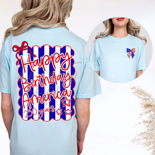 Parker & Jo™ Original Design | Happy Birthday America 250 Years Coquette Bow American Flag Graphic Tee