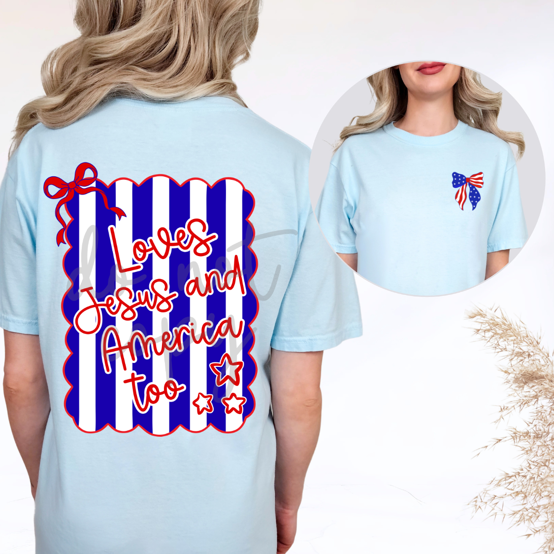 Parker & Jo™ Original Design | Loves Jesus and America Too Coquette Bow American Flag Graphic Tee